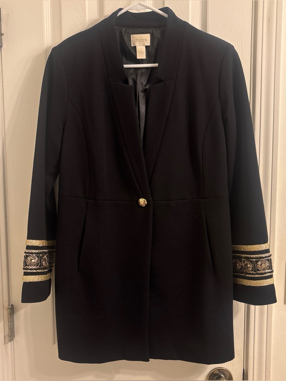 CHICO'S Long Black Jacket military Coat Gold Lower Sleeve Detail Size 1 Women’s